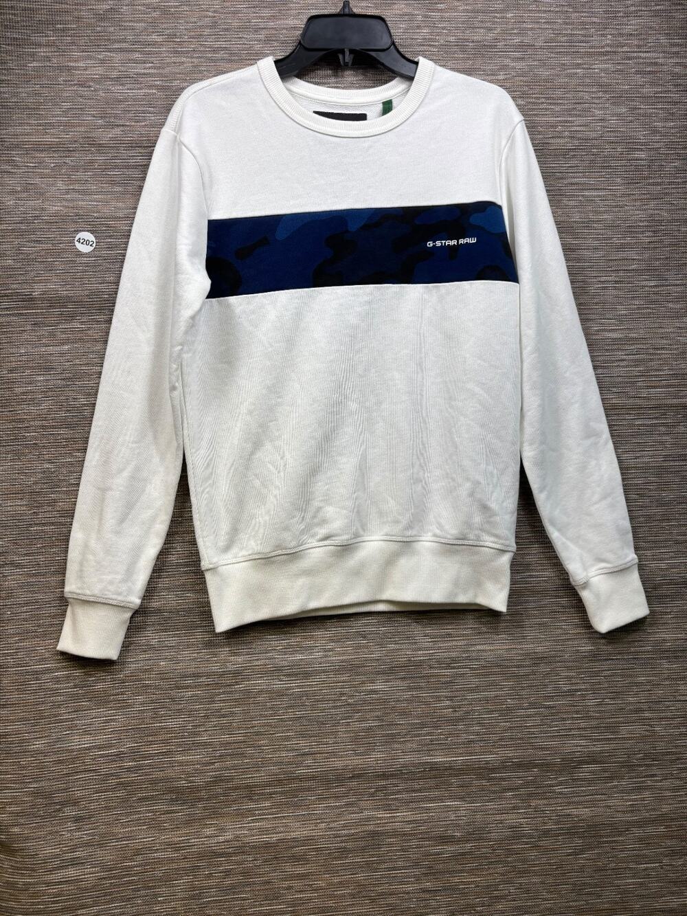 G-Star Raw Sweatshirt Mens Size S White Striped Blue Camo Crew-Neck Long Sleeve